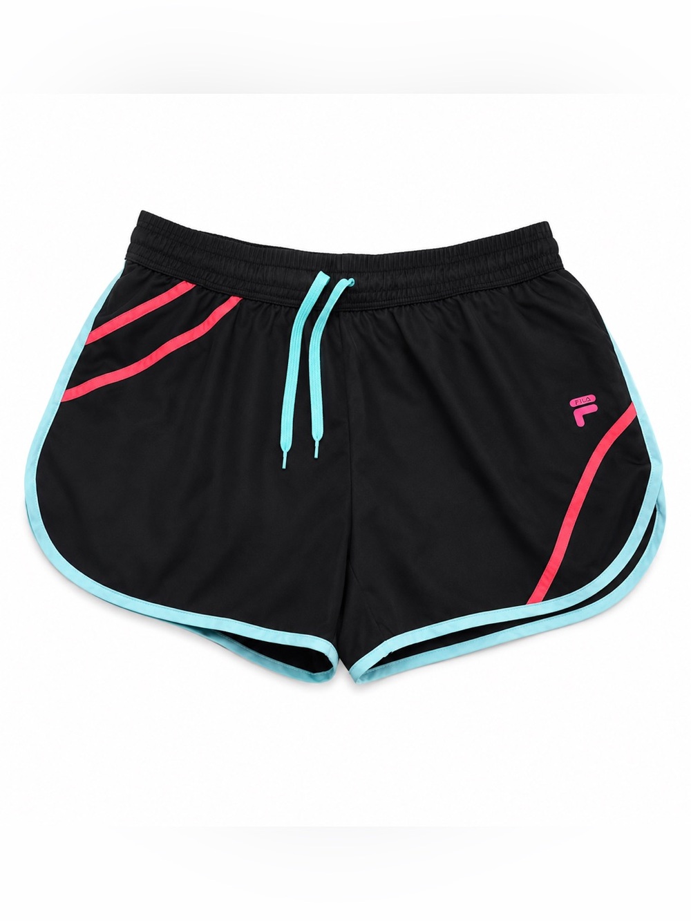 FILA Women’s Black Athletic Shorts with Aqua Trim and Pink Accents